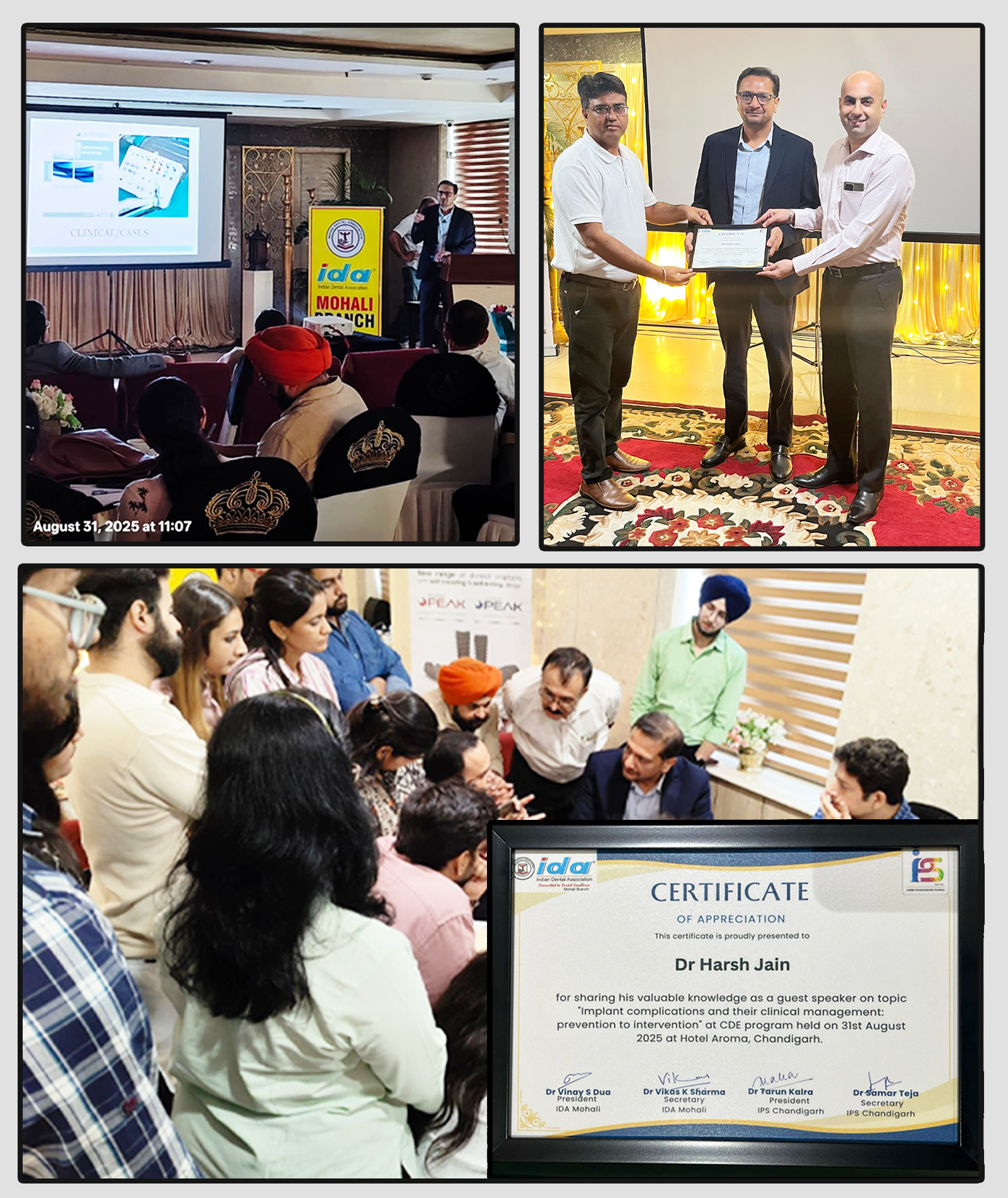 Dr. Harsh Jain delivered a successful lecture on implant complications & management at IDA Mohali at 31 Aug 2025
